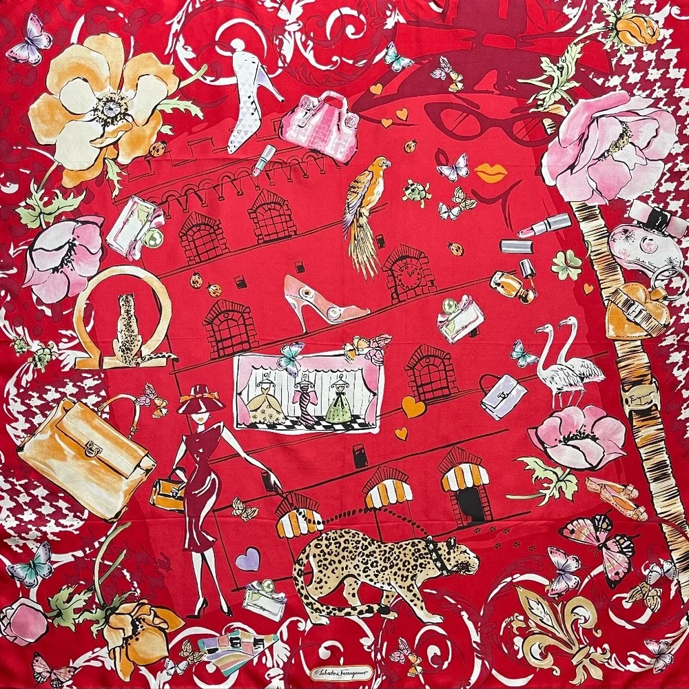 New Salvatore Ferragamo Scarf Icons Red Multicolor Silk Wrap